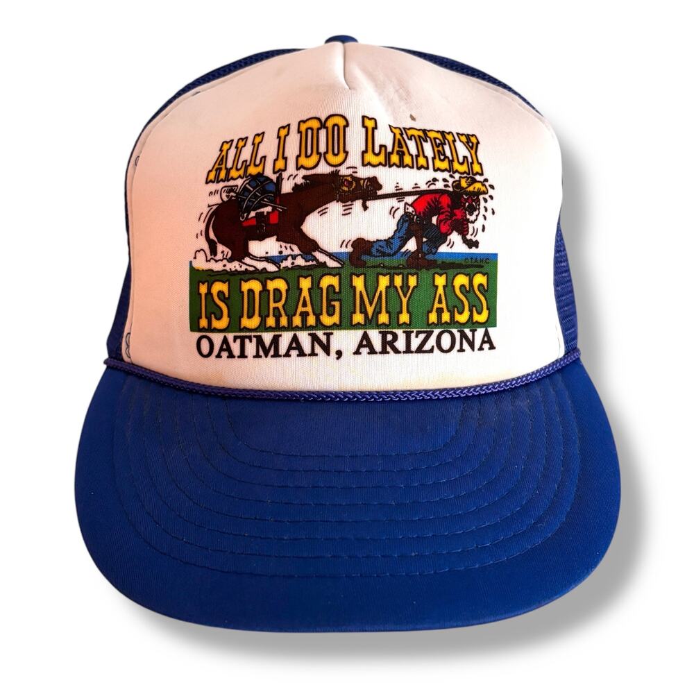 Vintage Funny Trucker Hat Drag My Ass Novelty Mesh Snapback Blue Nissin 70s